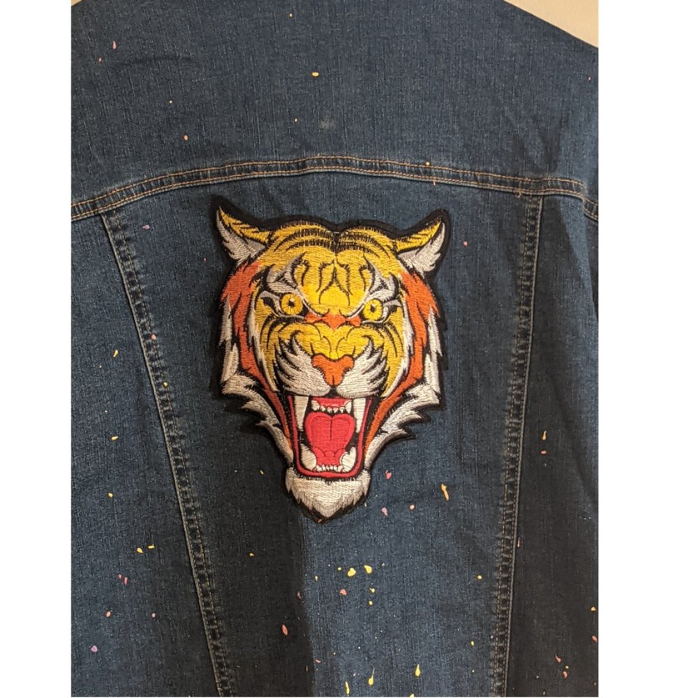 distressed Tiger patch long denim jacket